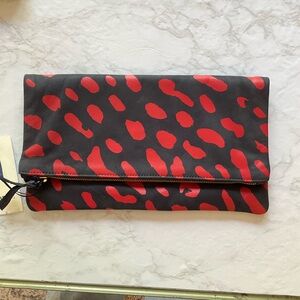 Clare V Supreme Foldover Clutch Navy Nub W/ Poppy Jaguar Print Limited Edition